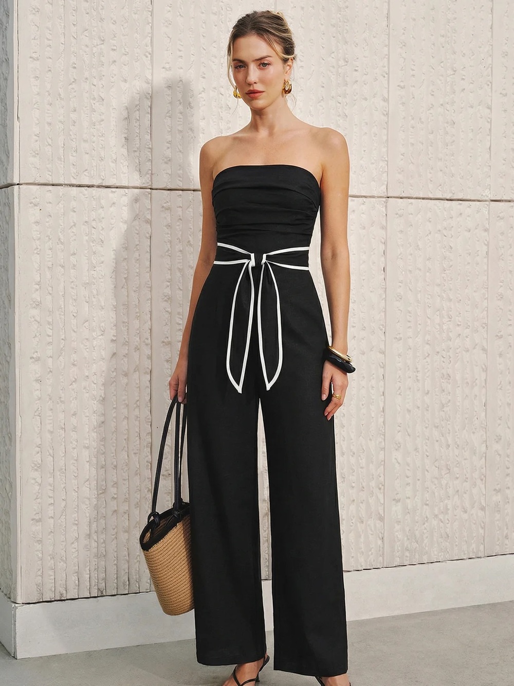 NWT Strapless Black Tie Waist Wide-Leg Jumpsuit